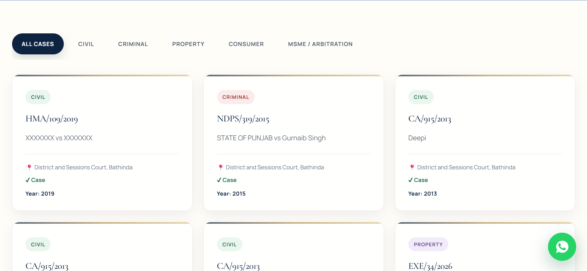 Filterable legal case archive with structured case details