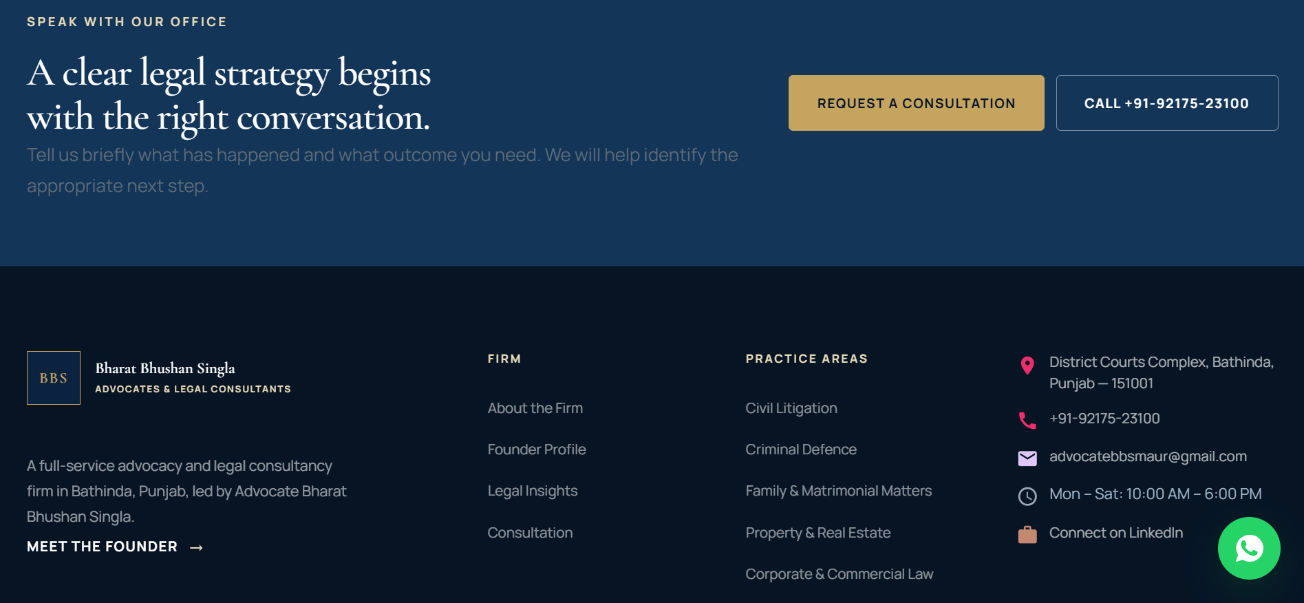 Consultation call to action and contact-rich legal website footer