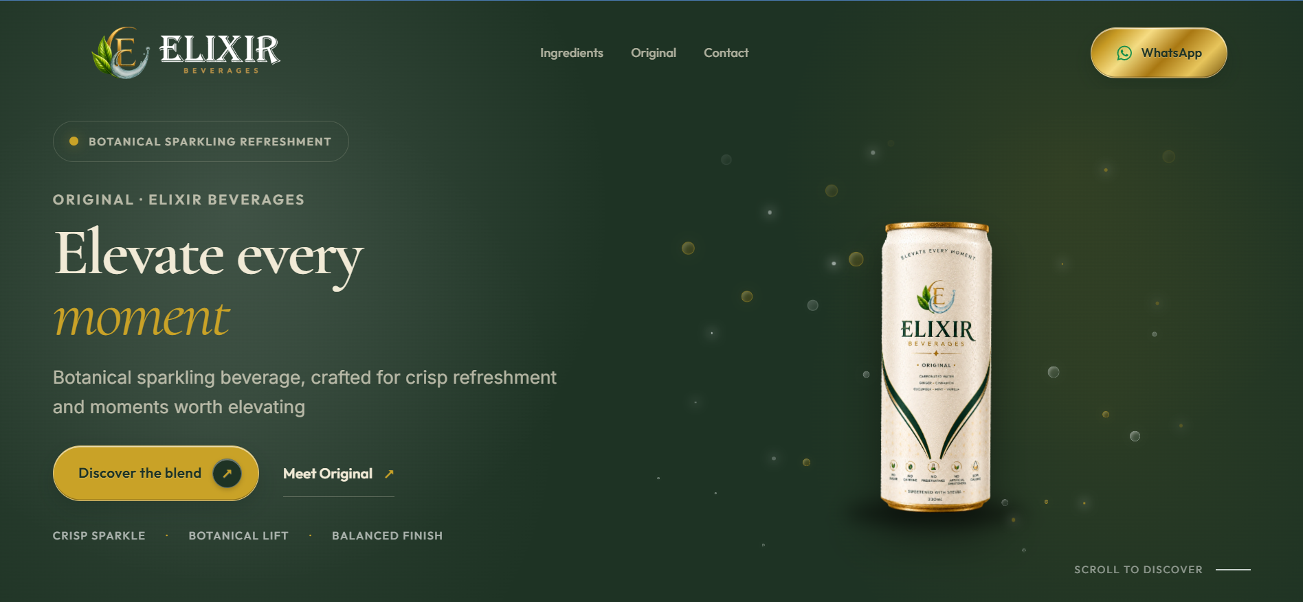 Elixir Beverages pre-launch website homepage