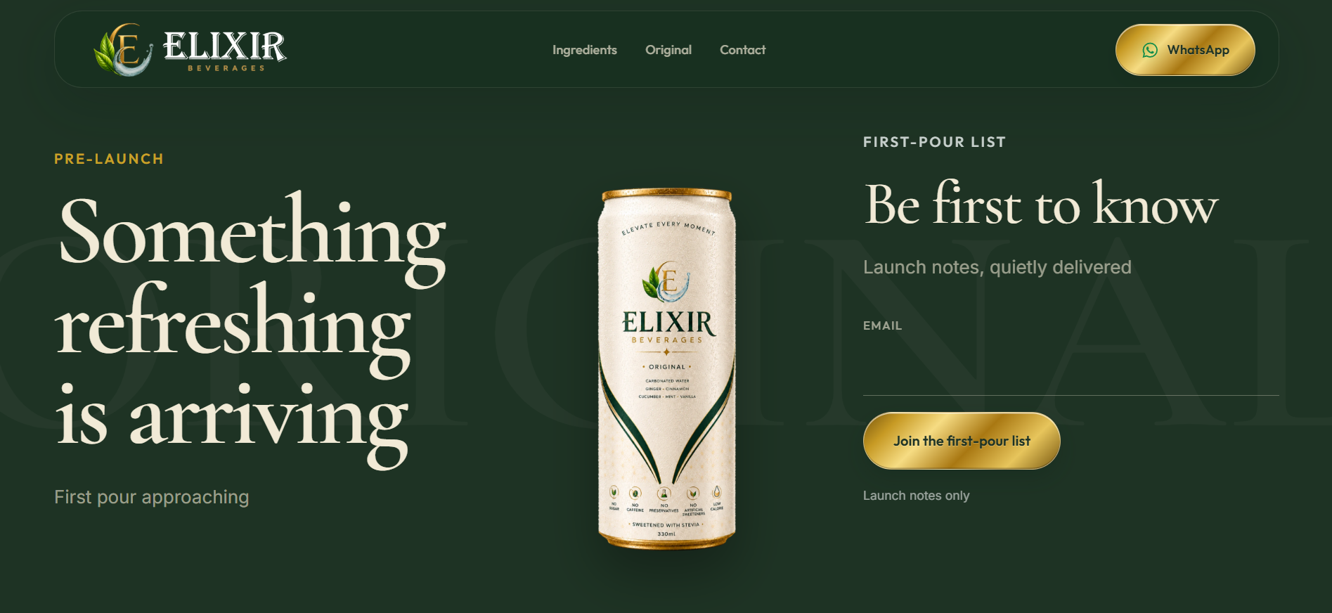 Elixir Beverages pre-launch website section