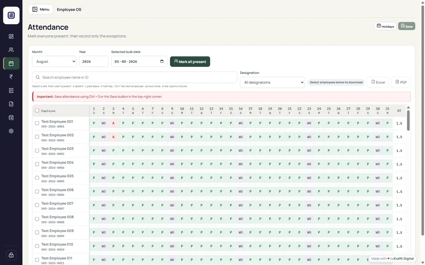 Employee OS monthly attendance register using dummy employee records