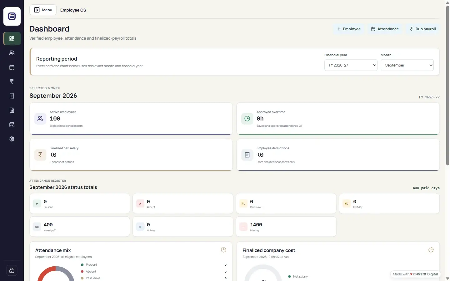 Employee OS Windows dashboard for local employee, attendance and payroll management