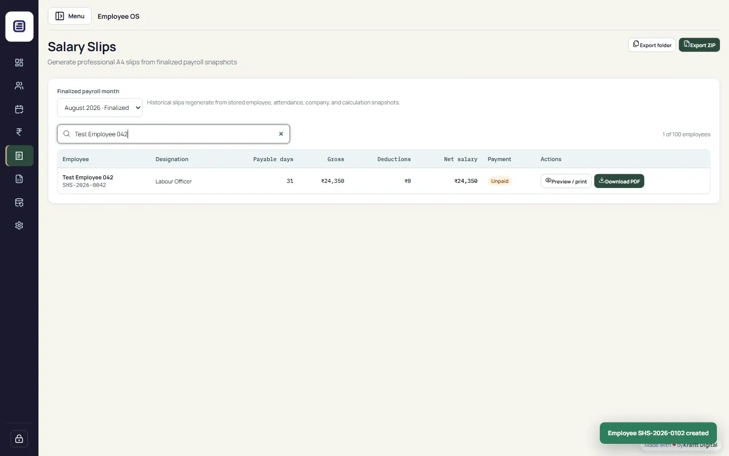 Employee OS salary-slip search and download screen using dummy records