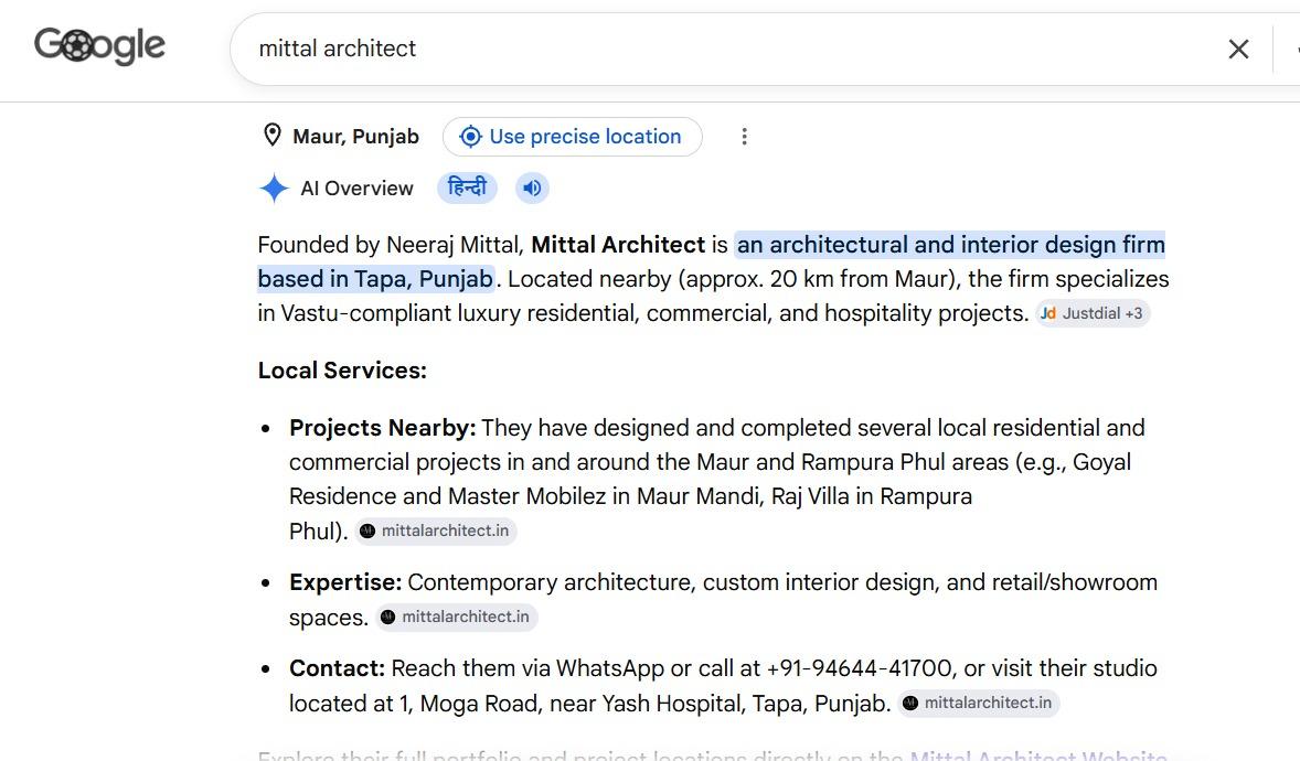 Google AI answer citing the Mittal Architect website