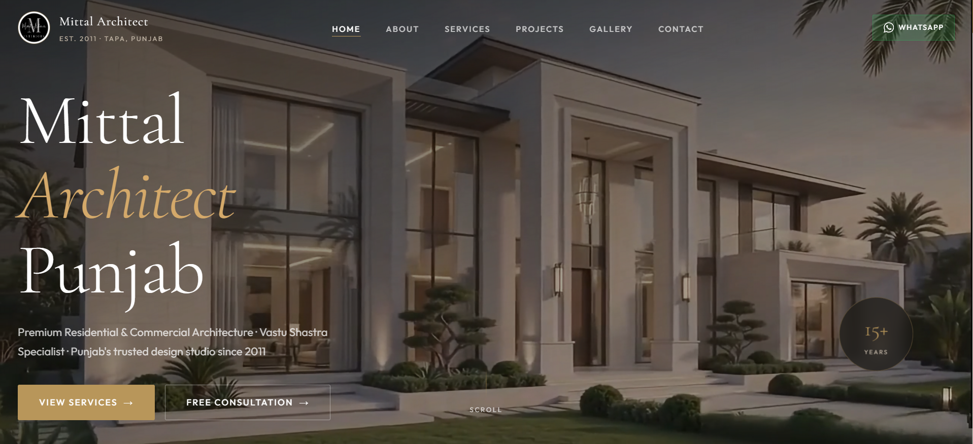 Mittal Architect website homepage with a residential architecture project