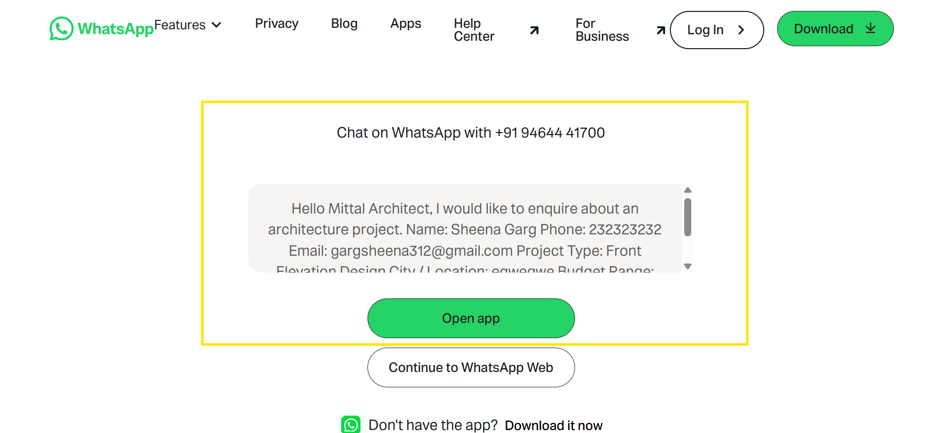 One-click WhatsApp enquiry flow for Mittal Architect