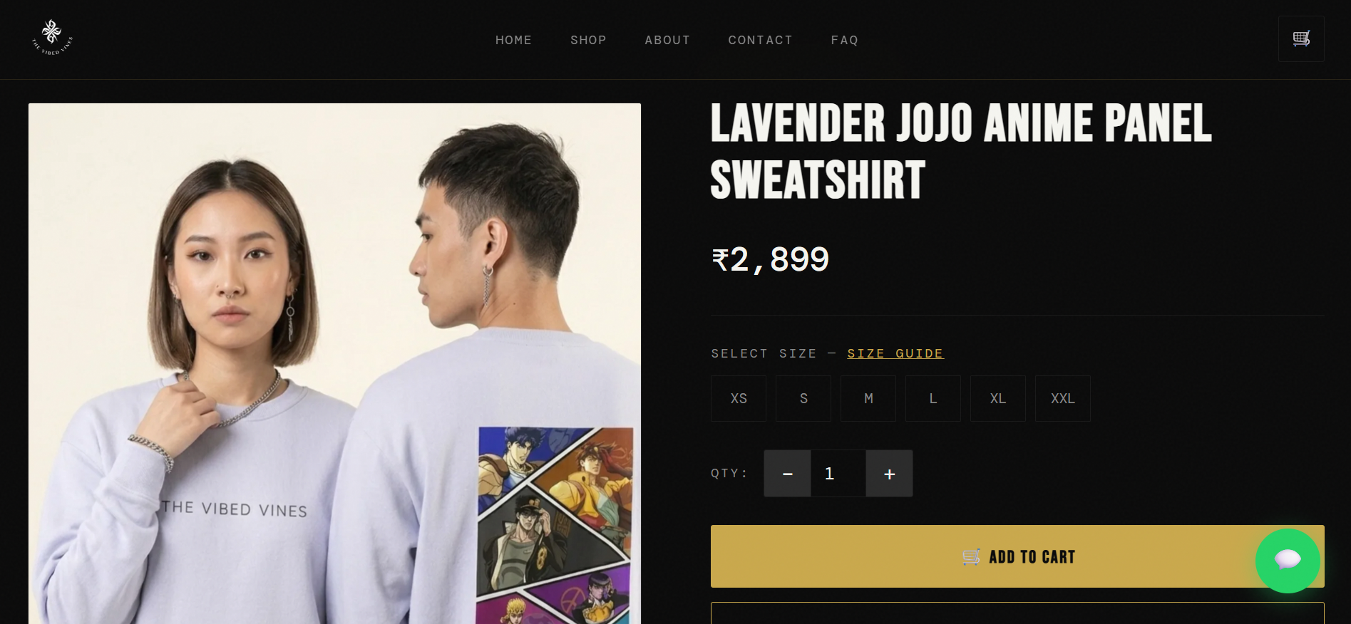 Anime streetwear product page with size and quantity selection
