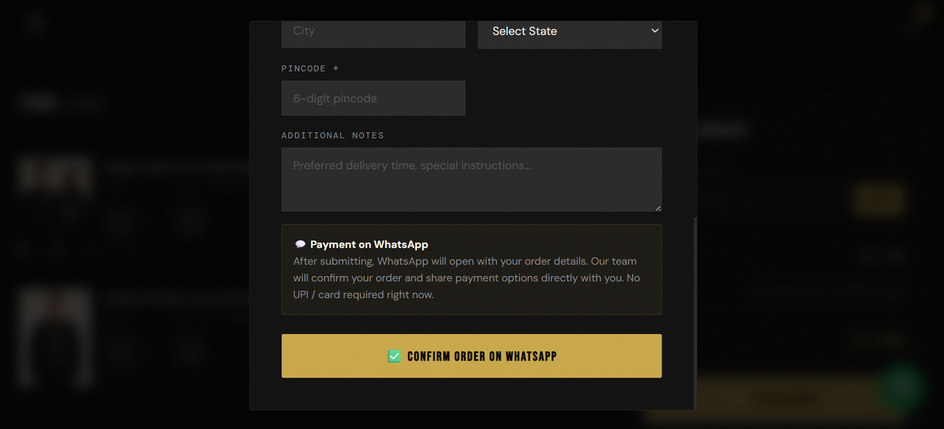 WhatsApp-assisted order flow carrying complete cart details