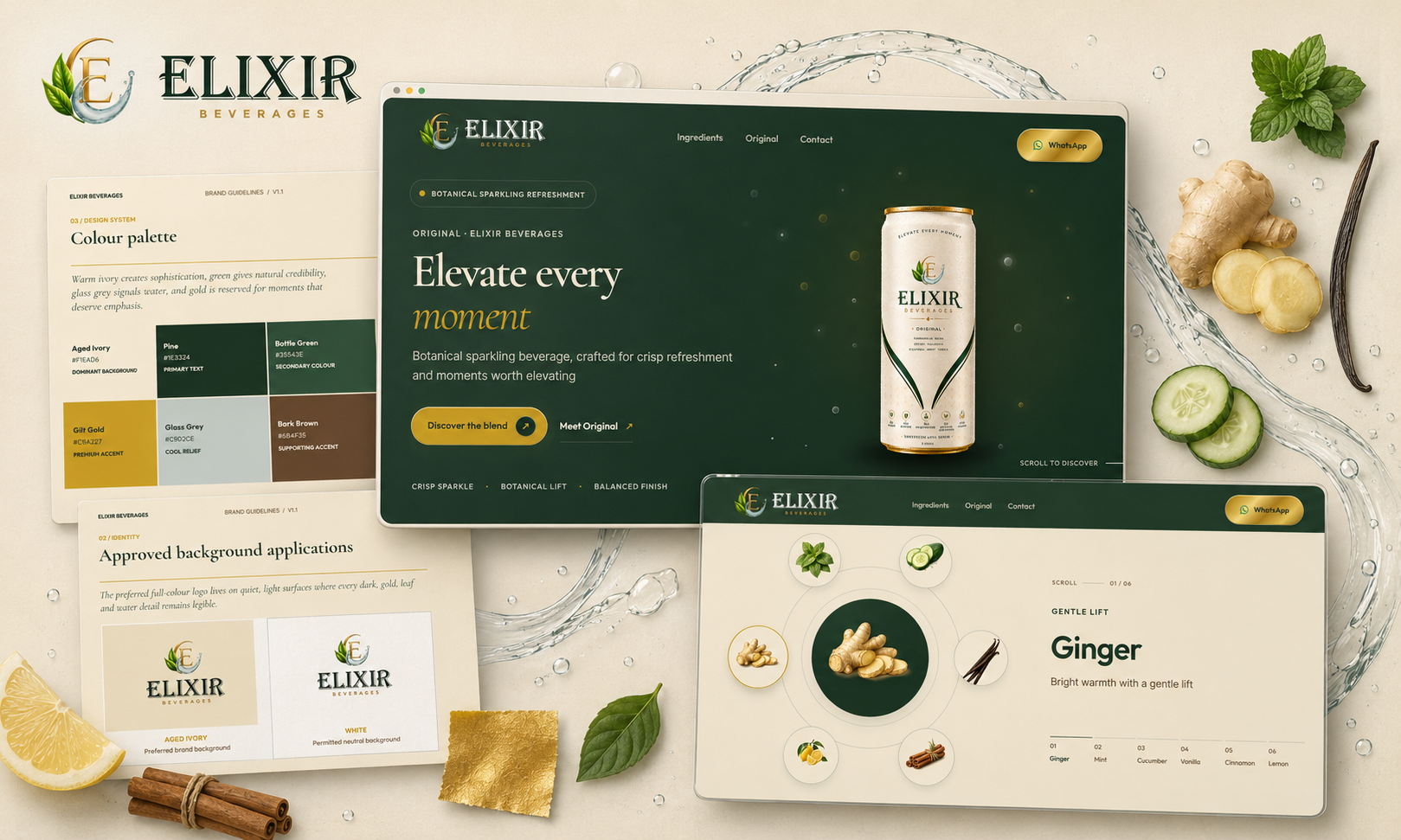 Elixir Beverages brand identity and pre-launch website collage