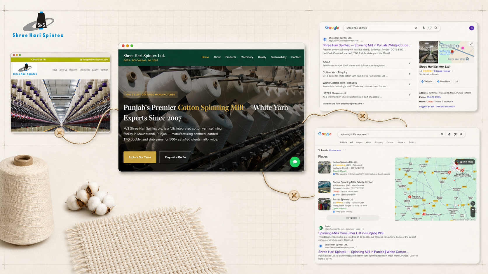 Shree Hari Spintex website, search and local discovery project collage
