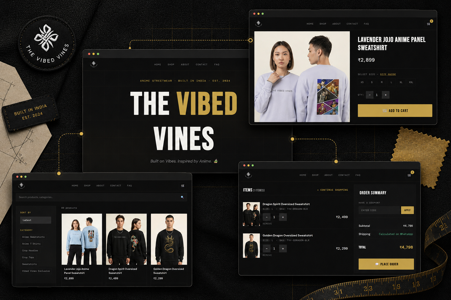 The Vibed Vines streetwear storefront, catalogue and checkout system collage