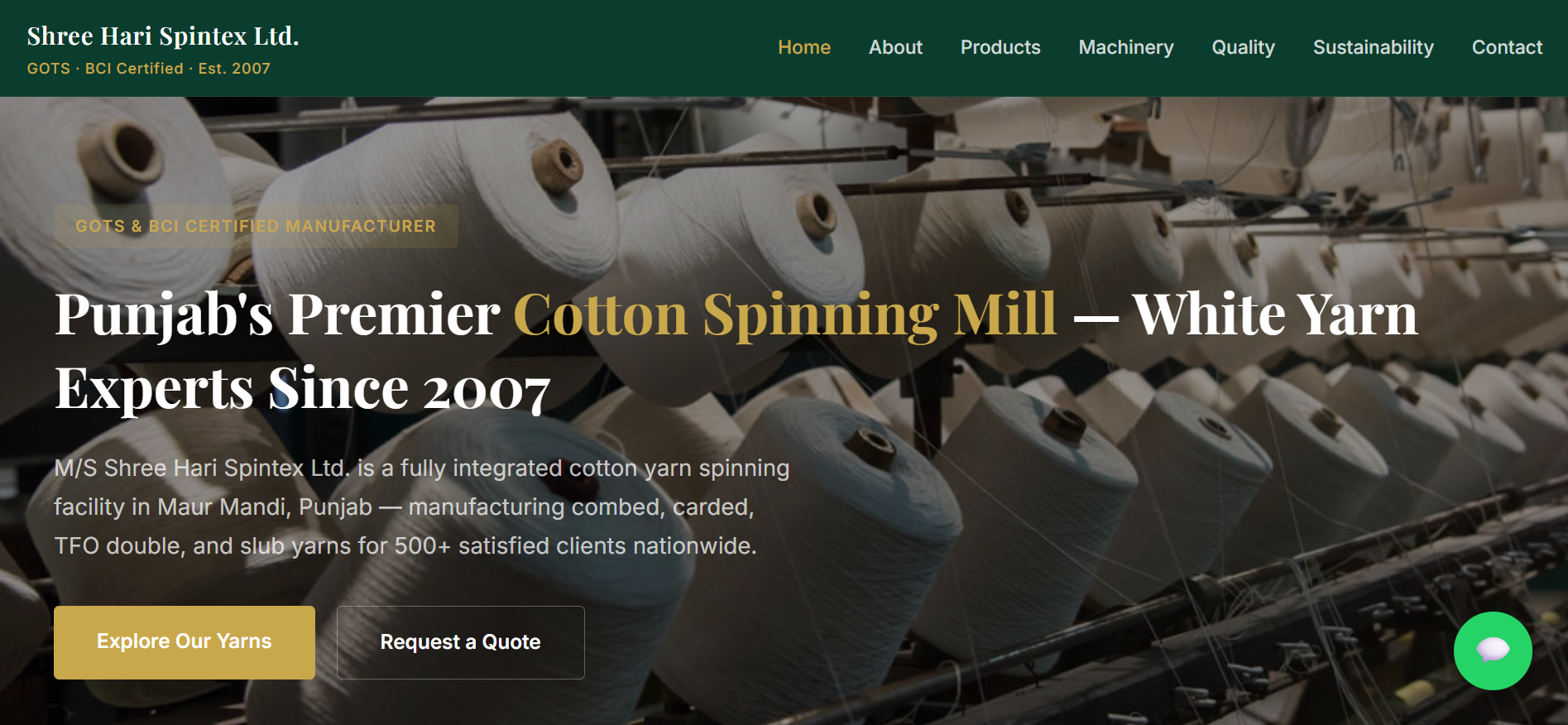 Shree Hari Spintex website homepage showing cotton yarn production