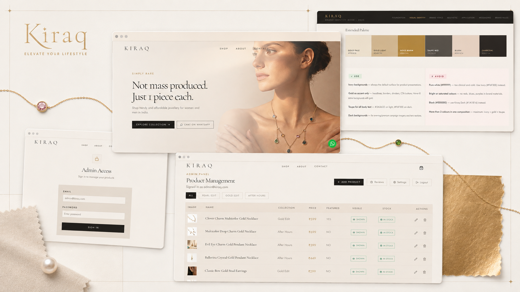 Kiraq Jewellery identity, storefront and administration system collage